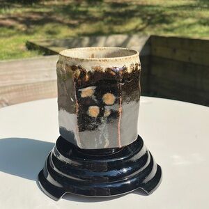 Signed Studio Pottery Vessel Cup Vase glazed earthenware 7 equal sides 3" tall